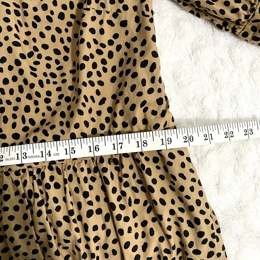 J. Crew Tan Leopard Dot Ruffle Neck Tiered Popover Relaxed Fit Preppy Dress M